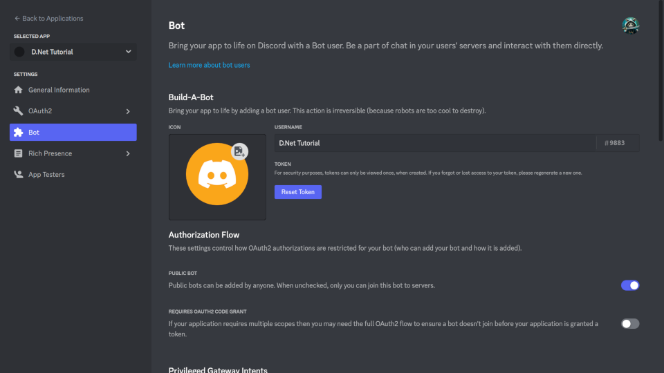 Képernyőkép a Discord Developer Portal Bot tabjáról.