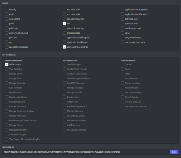 Választható scope-ok és permissionök.